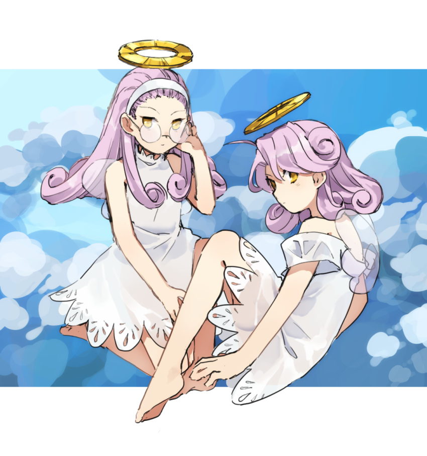 2girls ahoge barefoot character_request closed_mouth copyright_request curly_hair dress flat_chest glasses hairband halo invisible_chair kaigen_1025 long_hair medium_hair multiple_girls pink_hair round_eyewear sitting sleeveless sleeveless_dress white_dress white_hairband wings yellow_eyes