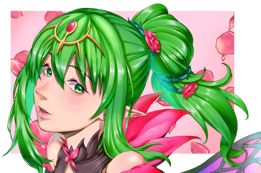 1girl aduti_momoyama bare_shoulders fire_emblem fire_emblem_awakening fire_emblem_heroes flower green_eyes green_hair hair_between_eyes headpiece highres long_hair nose parted_lips petals pink_flower pink_gemstone pink_lips plant pointy_ears ponytail solo thorns tiki_(adult)_(fire_emblem) tiki_(fire_emblem) upper_body vines