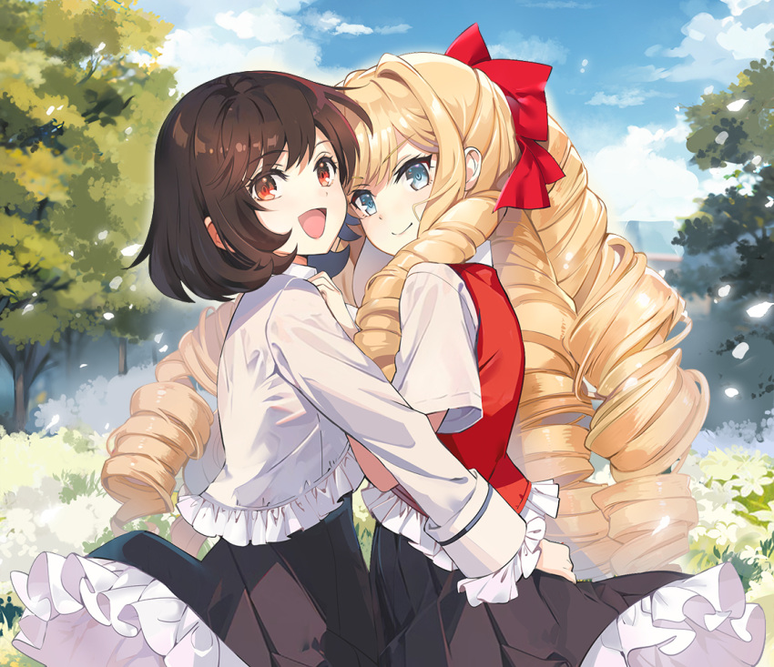 2girls big_hair black_skirt blonde_hair blue_eyes blue_sky brown_hair bush claire_francois closed_mouth clouds cloudy_sky commentary day dot_nose drill_hair english_commentary falling_petals flower frilled_jacket frilled_skirt frills from_side jacket long_hair long_sleeves looking_at_viewer multiple_girls nyoro_(nyoronyoro000) open_mouth outdoors petals pleated_skirt rae_taylor red_eyes red_vest shirt short_hair short_sleeves skirt sky smile tree very_long_hair vest watashi_no_oshi_wa_akuyaku_reijou white_flower white_jacket white_shirt