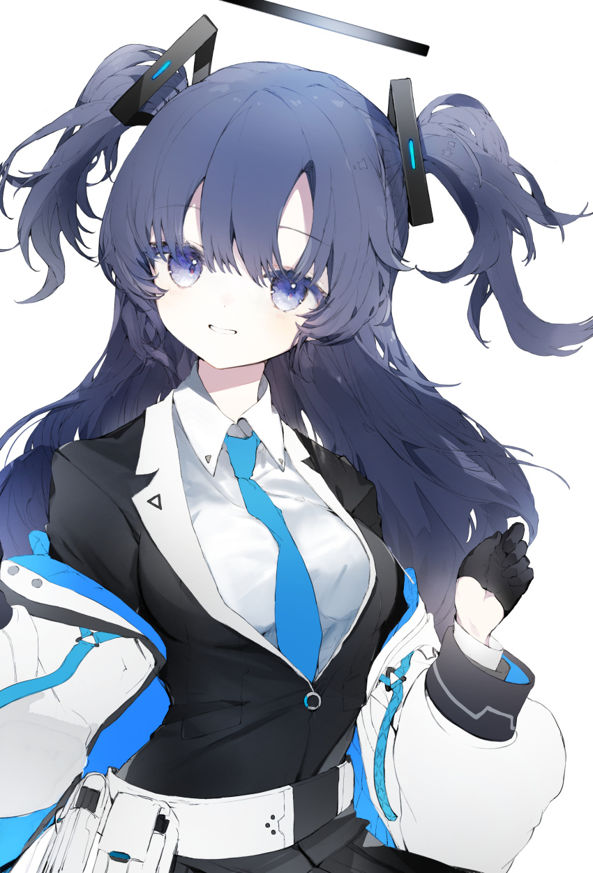 1girl absurdres belt belt_pouch black_coat black_halo blazer blue_archive blue_eyes blue_hair blue_necktie coat collared_shirt commentary_request double-parted_bangs hair_between_eyes halo highres jacket koito_(l0ve_la_bit) long_hair long_sleeves looking_at_viewer mechanical_halo necktie off_shoulder open_mouth pouch puffy_long_sleeves puffy_sleeves shirt simple_background smile solo triangle_hair_ornament two_side_up upper_body white_background white_belt white_jacket white_shirt yuuka_(blue_archive)