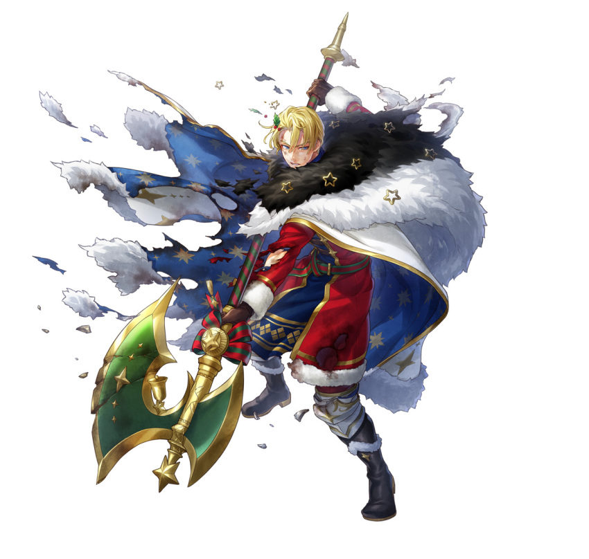 1boy bell black_footwear blonde_hair blue_cape blue_eyes brown_gloves cape damaged dimitri_alexandre_blaiddyd dimitri_alexandre_blaiddyd_(blessed_protector) fire_emblem fire_emblem:_three_houses fire_emblem_heroes fur-trimmed_cape fur_trim gloves halberd male_focus mistletoe mistletoe_hair_ornament multicolored_cape multicolored_clothes official_alternate_costume official_art parted_bangs polearm solo torn_cape torn_clothes weapon white_cape