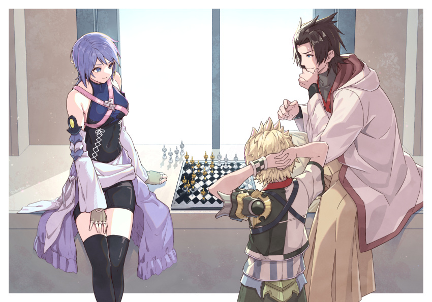 1girl 2boys aqua_(kingdom_hearts) armor arms_behind_head asymmetrical_armor bike_shorts black_corset blonde_hair blue_eyes blue_hair board_game borrowed_clothes brown_hair chess chess_piece chessboard chest_harness coat commentary_request corset cropped_jacket detached_sleeves facing_away facing_to_the_side fingerless_gloves furrowed_brow gloves gogo_(detteiu_de) green_gloves green_pants hakama hakama_pants hand_on_lap hand_on_own_face hands_up harness hood hood_down hooded_coat indoors japanese_clothes kingdom_hearts kingdom_hearts_birth_by_sleep kingdom_hearts_iii knee_up legs_together light_particles long_sleeves looking_at_another looking_to_the_side master_eraqus multiple_boys pants parted_bangs pauldrons short_sleeves shoulder_armor single_pauldron sitting smile spiky_hair standing sunlight sweatdrop terra_(kingdom_hearts) thigh-highs turtleneck ventus_(kingdom_hearts) waist_cape window wristband