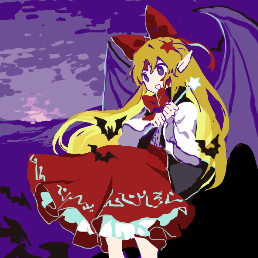 1girl bat_(animal) bat_wings black_vest blonde_hair commentary_request cowboy_shot elis_(touhou) hair_ornament hair_ribbon highres kaigen_1025 long_sleeves neck_ribbon no_nose open_clothes open_mouth open_vest outdoors purple_sky purple_wings red_ribbon red_skirt ribbon shirt skirt sky smile solo star_(symbol) star_hair_ornament touhou touhou_(pc-98) vest violet_eyes white_shirt wings yellow_pupils