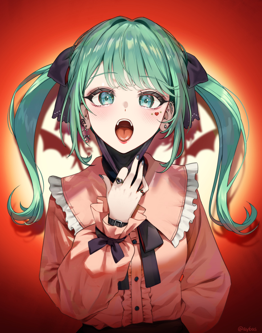 1girl ay6as black_bow black_nails blush bow bow_ring capelet center_frills commentary demon_wings different_shadow earrings facial_mark frilled_sleeves frills green_eyes green_hair hair_intakes hatsune_miku heart heart_facial_mark heart_print highres jewelry long_hair looking_at_viewer mask mask_pull mouth_mask open_mouth pink_capelet pink_shirt ring shirt sidelocks solo spiked_ear_piercing stud_earrings swept_bangs tongue twintails upper_body vampire_(vocaloid) vocaloid watch watch wings