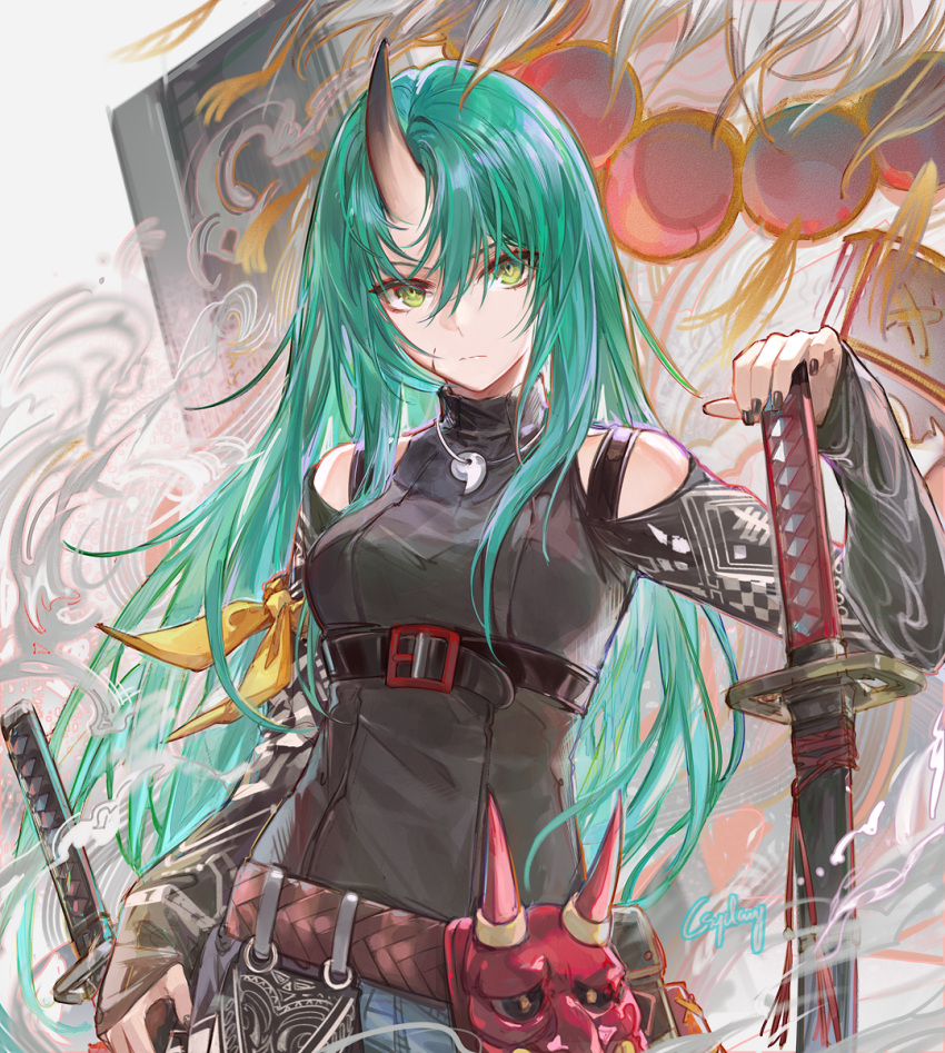 1girl abstract_background arknights arm_ribbon artist_name beads belt belt_buckle black_belt black_horns black_nails black_shirt black_straps blue_pants breasts brown_belt buckle chinese_commentary closed_mouth clothing_cutout commentary_request contrapposto cowboy_shot csyday double-parted_bangs fingernails green_eyes green_hair grey_background hair_between_eyes hair_flowing_over hand_on_hilt hand_up high_belt high_collar highres horned_mask horns hoshiguma_(arknights) hoshiguma_(ronin_huntress)_(arknights) jewelry katana long_bangs long_hair long_sleeves looking_at_viewer magatama magatama_necklace mask medium_breasts multiple_swords nail_polish necklace o-ring official_alternate_costume oni oni_horns oni_mask pants print_sleeves red_mask ribbon scar scar_on_cheek scar_on_face serious shadow shirt shoulder_cutout shoulder_strap signature single_horn skin-covered_horns sleeves_past_wrists smoke solo standing straight_hair strap sword tsuba_(guard) tsuka-ito tsuka_(handle) turtleneck turtleneck_shirt underbust very_long_hair weapon yellow_ribbon