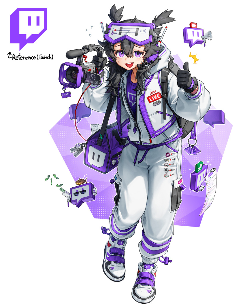1girl absurdres backpack bag banknote black_hair camera fish full_body hair_between_eyes highres holding holding_camera jacket long_hair long_sleeves looking_at_viewer money open_mouth original pants personification print_shirt purple_shirt rinotuna shirt shoulder_bag smile solo standing thumbs_up twitch.tv violet_eyes white_jacket white_pants zipper zipper_pull_tab