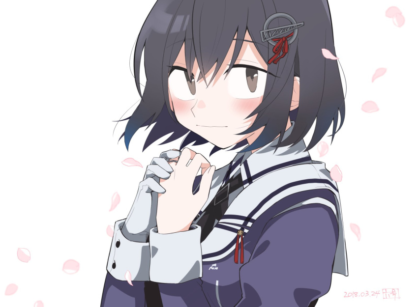 1girl blush brown_eyes cherry_blossoms closed_mouth gloves haguro_(kancolle) haguro_kai_ni_(kancolle) hair_between_eyes hair_ornament highres jacket jewelry kantai_collection long_sleeves looking_at_viewer mido006 petals ring short_hair signature simple_background single_glove solo upper_body wedding_ring white_background white_gloves