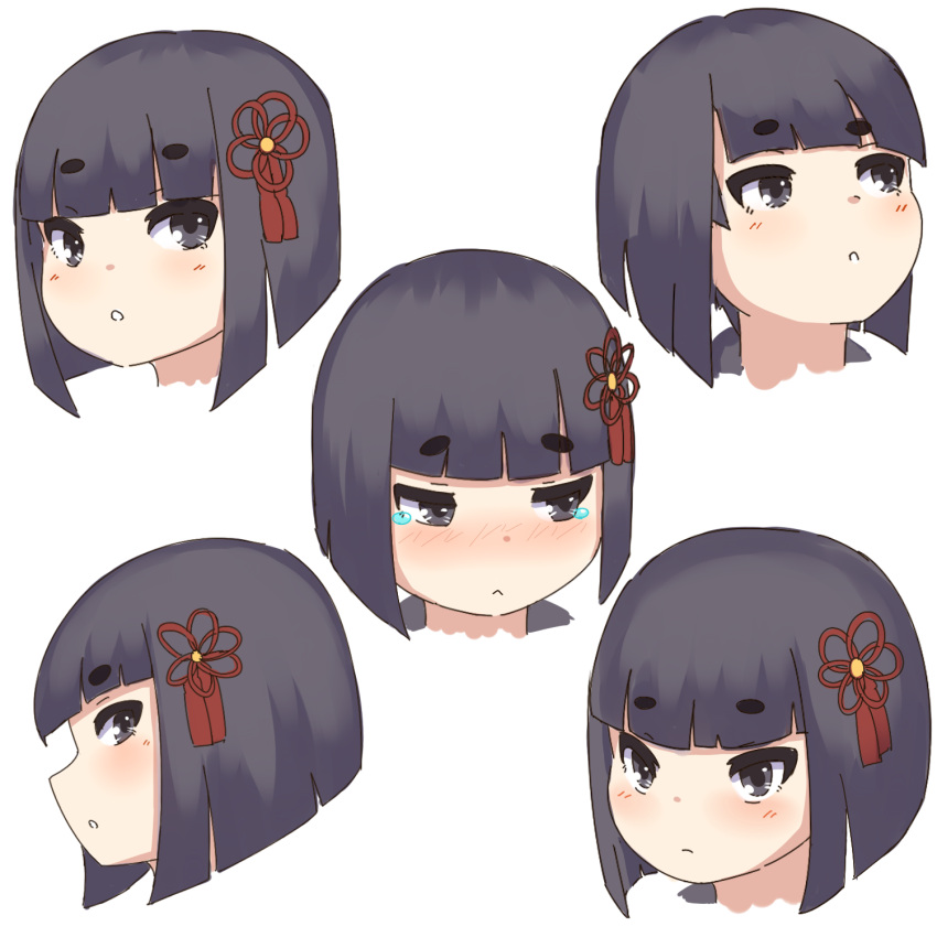 1girl :&lt; :o blush bob_cut closed_mouth expressions flower_knot head_only highres kuro_kosyou multiple_views nose_blush original parted_lips profile short_eyebrows short_hair simple_background tears thick_eyebrows white_background zashiki-warashi