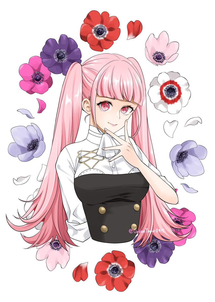 1girl absurdres ascot breasts commentary_request diagonal_bangs fire_emblem fire_emblem:_three_houses flower garreg_mach_monastery_uniform hair_intakes hand_on_own_chin highres hilda_valentine_goneril long_hair looking_at_viewer midori_no_baku petals pink_eyes pink_flower pink_hair purple_flower red_flower simple_background smile solo twintails upper_body white_ascot white_background white_flower
