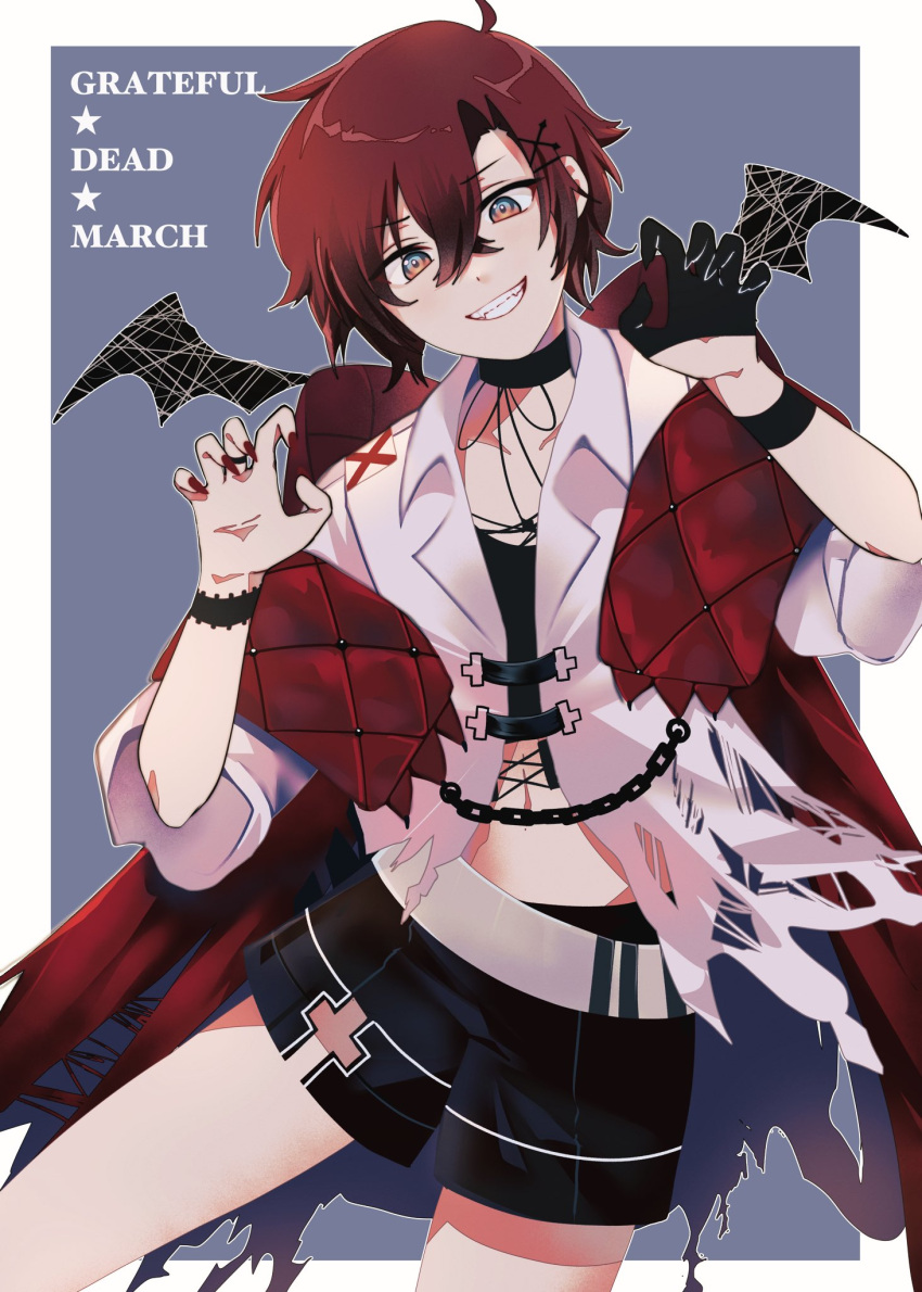 1boy ahoge bat_wings black_choker black_gloves black_shorts border cape choker claw_pose english_text fangs gloves grin hair_between_eyes hair_ornament hairpin halloween highres holostars holostars_english looking_at_viewer machina_x_flayon male_focus navel open_clothes open_shirt outline outside_border purple_background red_nails redhead short_hair shorts smile solo standing torn_cape torn_clothes upper_body utatane660 virtual_youtuber white_border white_outline wings