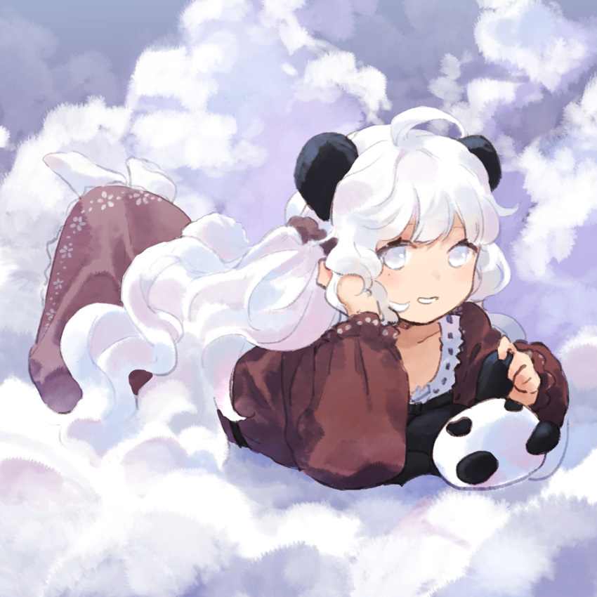 1girl ahoge animal_ears black_bow bow character_request clouds commentary_request copyright_request dress hair_ornament hair_scrunchie hand_in_own_hair highres kaigen_1025 long_hair long_sleeves lying mole mole_under_eye no_shoes on_stomach panda_ears panda_girl petticoat red_dress red_scrunchie scrunchie smile socks stuffed_animal stuffed_panda stuffed_toy wavy_hair white_eyes white_hair white_socks