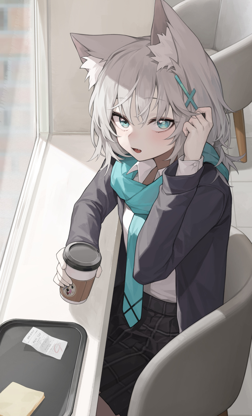 1girl absurdres animal_ear_fluff animal_ears black_jacket black_skirt blue_archive blue_eyes blue_necktie blue_scarf blush coffee_cup cross_hair_ornament cup disposable_cup extra_ears grey_hair hair_ornament highres holding holding_cup indoors jacket long_sleeves looking_at_viewer medium_hair mismatched_pupils mokew necktie open_clothes open_jacket open_mouth pleated_skirt scarf shiroko_(blue_archive) shirt skirt solo white_shirt wolf_ears