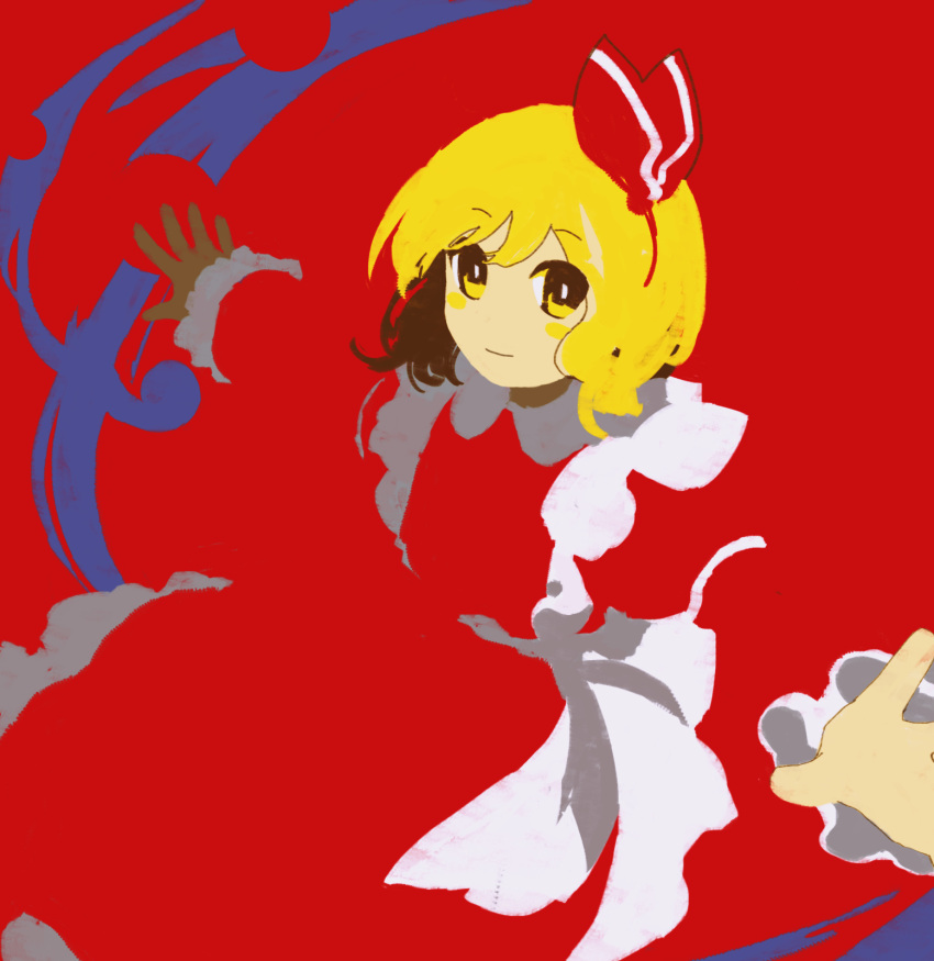 1girl apron blonde_hair bright_pupils character_request closed_mouth collared_dress commentary_request dress frills hair_ribbon hairband highres kaigen_1025 long_sleeves outstretched_arms red_background red_dress red_hairband red_ribbon ribbon short_hair simple_background smile solo spread_arms touhou touhou_(pc-98) white_pupils yellow_eyes