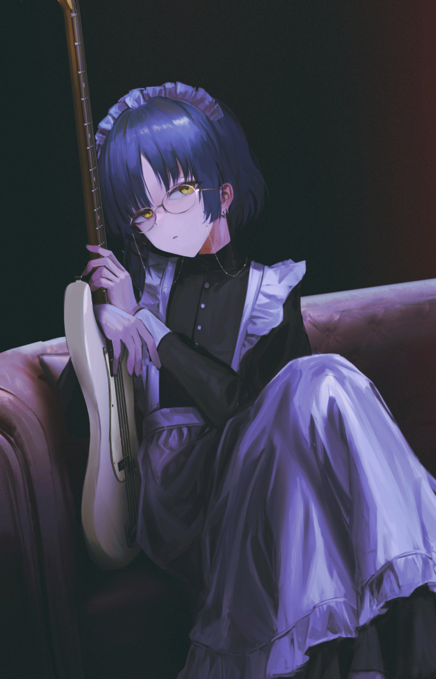 apron bass_guitar blue_hair bocchi_the_rock! couch dark_background earrings glasses highres instrument jewelry maid maid_apron maid_headdress on_couch seikatsu yamada_ryo yellow_eyes