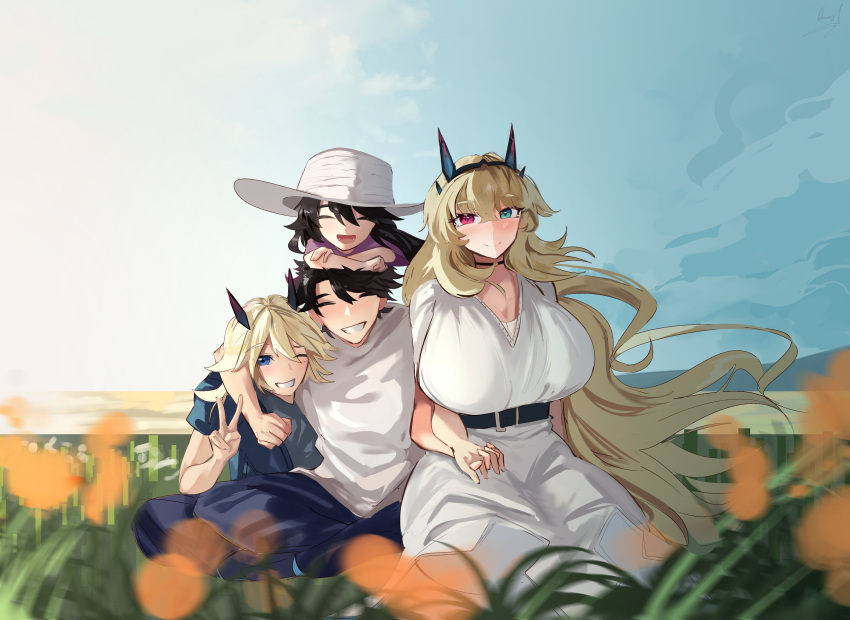 2boys 2girls absurdres barghest_(fate) belt black_hair blonde_hair blue_eyes blue_pants blue_sky blush breasts closed_eyes dress family fate/grand_order fate_(series) father_and_daughter father_and_son field fujimaru_ritsuka_(male) green_eyes hat heterochromia highres holding_hands horns if_they_mated large_breasts long_hair mother_and_daughter mother_and_son multiple_boys multiple_girls obazzotto open_mouth pants red_eyes signature sky smile v white_dress