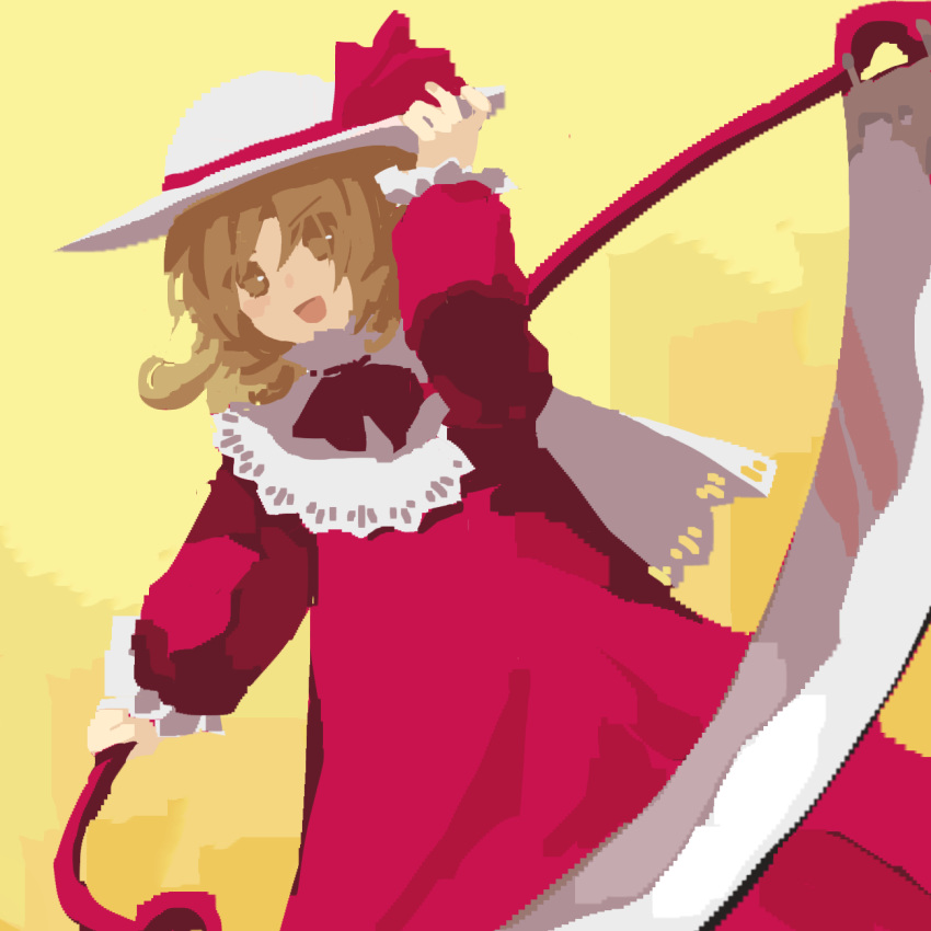 1girl blonde_hair commentary_request dress elly_(touhou) flat_chest hand_on_headwear hat hat_ribbon highres holding holding_scythe kaigen_1025 long_sleeves medium_hair neck_ribbon no_lineart open_mouth red_dress red_ribbon ribbon scythe simple_background sketch smile solo touhou touhou_(pc-98) white_headwear yellow_background yellow_eyes