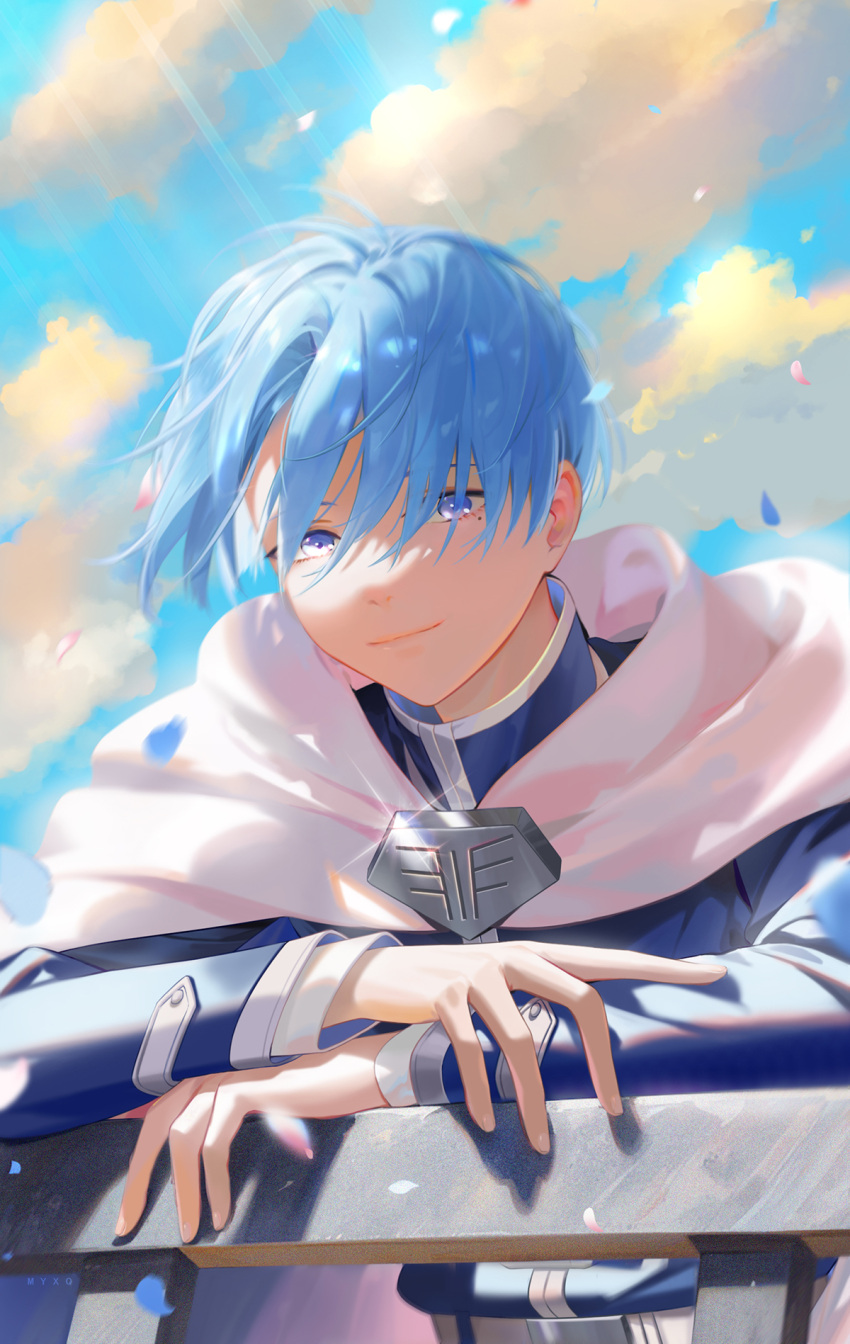 1boy against_railing blue_hair blue_jacket cape closed_mouth commentary_request day fingernails glint hair_between_eyes high_collar highres himmel_(sousou_no_frieren) initial jacket leaning leaning_forward light_rays light_smile long_bangs long_sleeves looking_at_viewer male_focus mole mole_under_eye peach_luo petals railing short_hair solo sousou_no_frieren sunlight upper_body violet_eyes white_cape wind