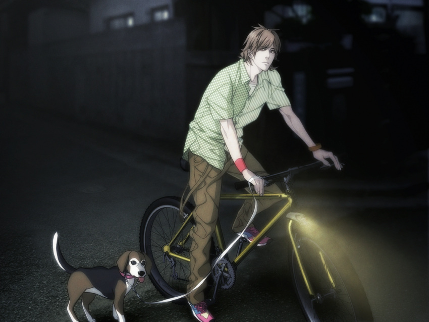 1boy bike brown_eyes brown_hair brown_pants building concerned dog eyebrows eyebrows_visible_through_hair eyes_visible_through_hair game_cg green_shirt hands highres leash legs male mita_makoto on_vehicle outdoors outside pants red_wristband shoes short_hair short_sleeves sneakers solo street sweet_pool trousers wheel windows wooden_fence wristband