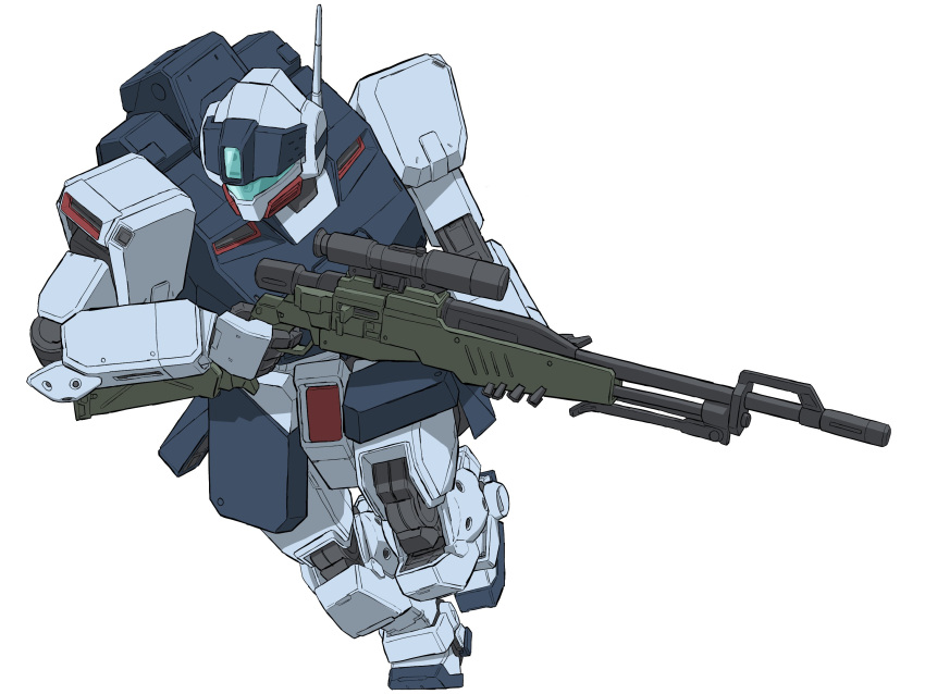 antennae armor assault_visor blue_armor commentary gm_sniper_ii gun gundam gundam_0080 highres holding holding_weapon mecha mecha_kaku_man mobile_suit no_humans rifle robot running science_fiction scope simple_background sniper_rifle solo weapon white_armor white_background