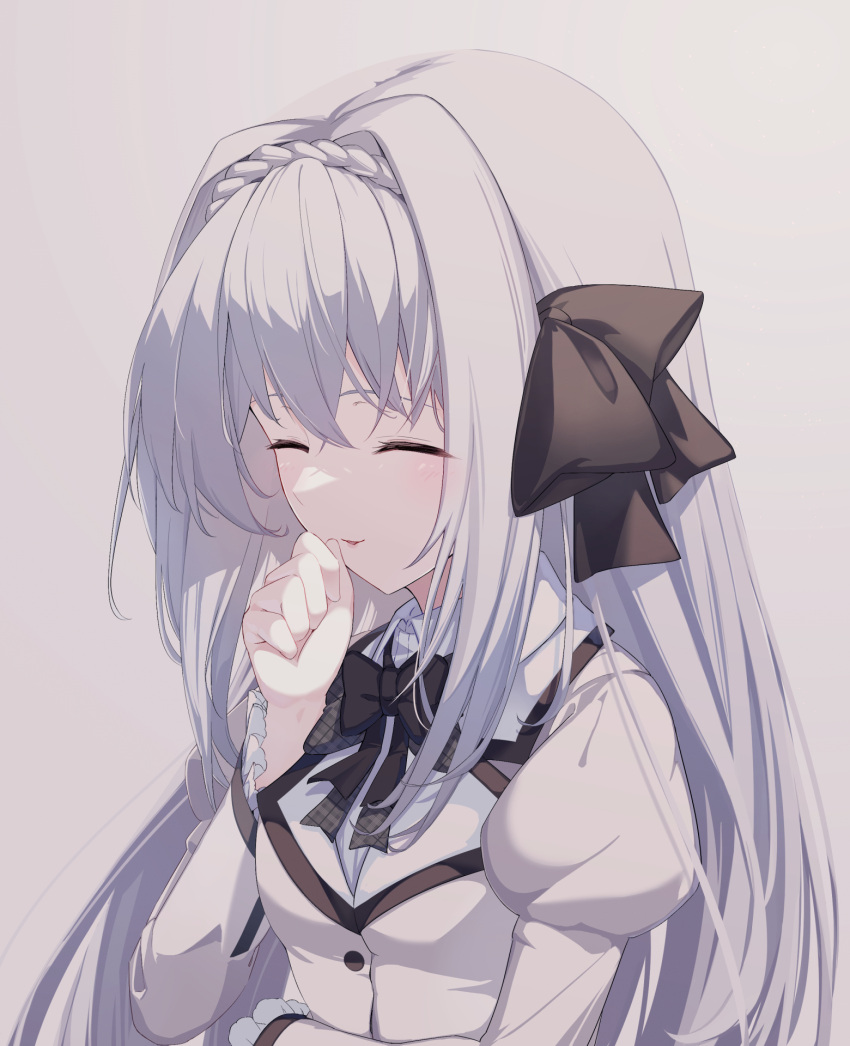 1girl ^_^ artist_name black_bow black_bowtie blue_bow blush bow bowtie braid breasts closed_eyes coffee1223 commentary crossed_bangs crown_braid frilled_sleeves frills grey_background hair_bow hair_intakes hand_up highres juliet_sleeves laughing long_hair long_sleeves parted_lips puffy_sleeves sakurakouji_luna school_uniform sidelocks simple_background small_breasts smile solo straight_hair tsuki_ni_yorisou_otome_no_sahou very_long_hair