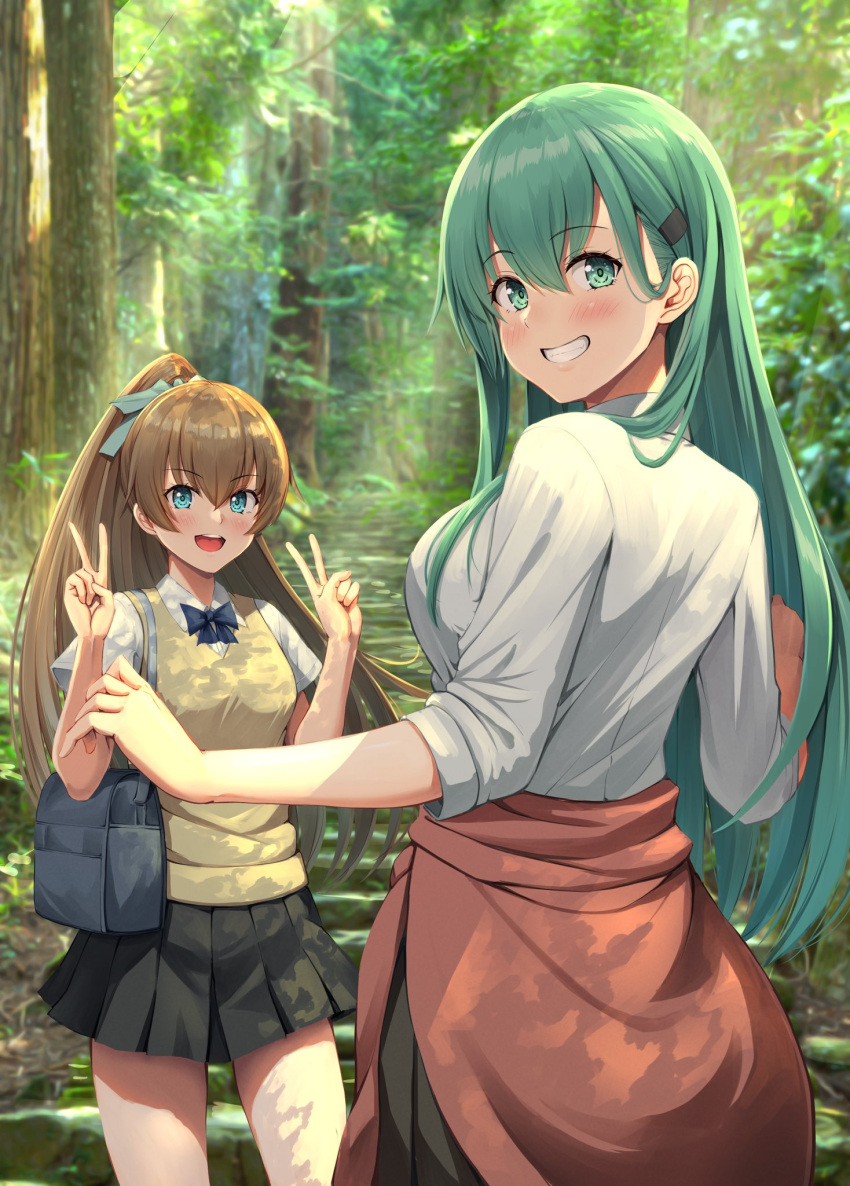 2girls :d bag black_skirt blue_bow blue_eyes bow brown_hair brown_sweater_vest clothes_around_waist collared_shirt commentary_request cowboy_shot crossed_bangs double_v from_behind green_eyes green_hair hair_between_eyes hair_ornament hairclip high_ponytail highres ichikawa_feesu kantai_collection kumano_(kancolle) light_blush long_hair long_sleeves looking_at_viewer miniskirt multiple_girls outdoors photo_background pleated_skirt real_world_location red_sweater shirt short_sleeves shoulder_bag sidelocks skirt sleeves_rolled_up smile suzuya_(kancolle) sweater sweater_around_waist sweater_vest teeth thighs upper_teeth_only v wing_collar