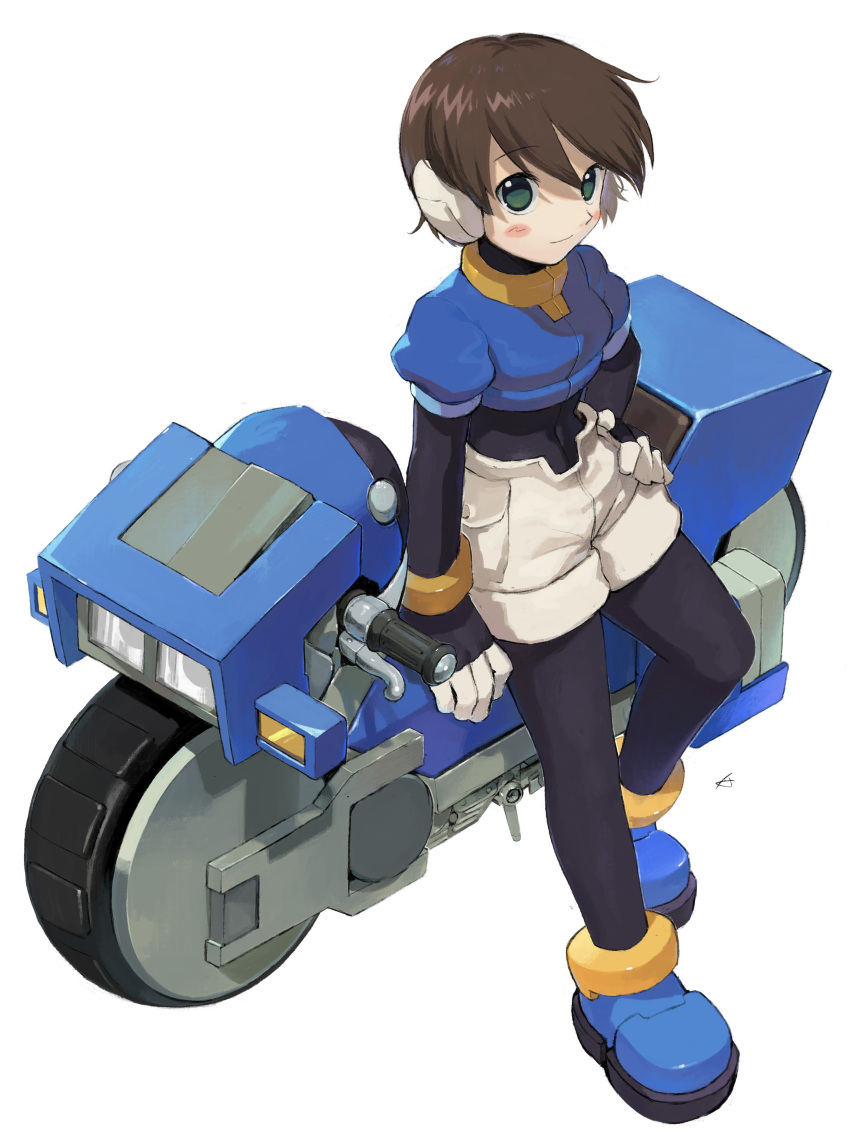 1girl absurdres aile_(mega_man_zx) black_bodysuit blush_stickers bodysuit brown_hair crop_top green_eyes highres mega_man_(series) mega_man_zx motor_vehicle motorcycle robot_ears short_hair shorts simple_background solo touhou3939 white_background white_shorts
