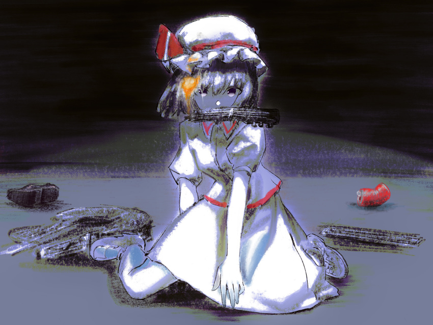 1girl absurdres acoustic_guitar breasts broken_guitar can collared_shirt commentary_request cookie_(touhou) dahaoli full_body guitar hair_between_eyes hair_ribbon hat highres hisaka_(cookie) instrument kneeling long_bangs looking_at_viewer mary_janes mob_cap mouth_hold puffy_short_sleeves puffy_sleeves purple_hair red_ribbon remilia_scarlet ribbon shirt shoes short_hair short_sleeves skirt skirt_set small_breasts soda_can solo touhou violet_eyes white_headwear white_shirt white_skirt