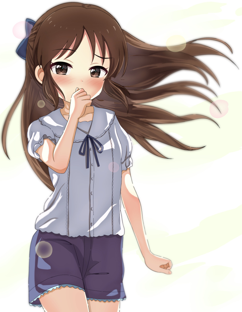 1girl absurdres blue_bow blue_ribbon blue_shorts blush bow brown_eyes brown_hair choudai-sama commentary_request covering_mouth cowboy_shot flat_chest frilled_sleeves frills hair_bow hand_up highres idolmaster idolmaster_cinderella_girls long_hair looking_at_viewer puffy_short_sleeves puffy_sleeves ribbon shirt short_sleeves shorts sidelocks solo tachibana_arisu thighs white_background white_shirt wind