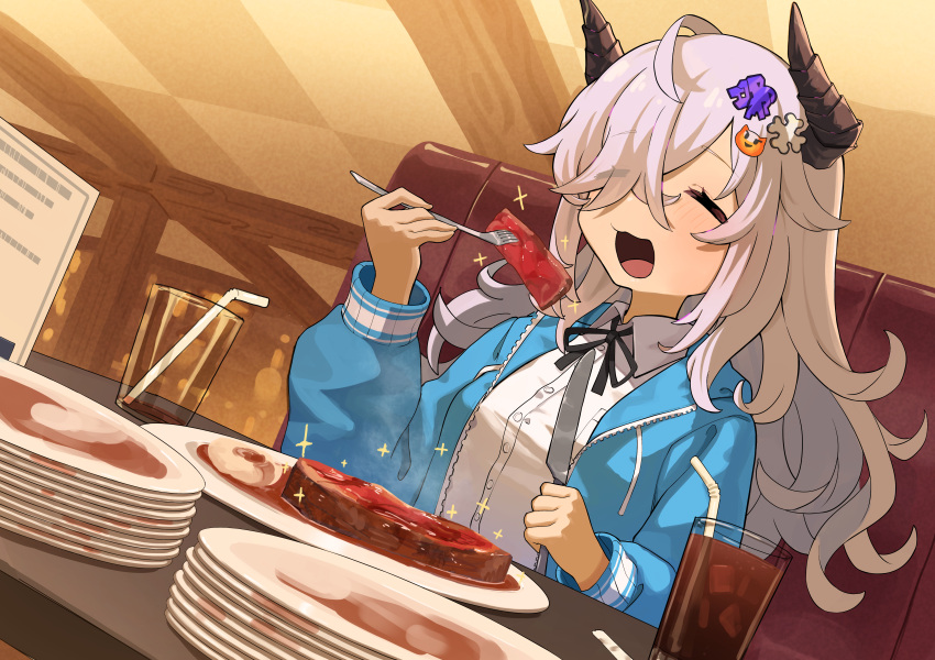 1girl absurdres ahoge black_horns black_ribbon blue_jacket closed_mouth collared_shirt commentary cup drawstring drinking_straw english_commentary facing_ahead food fork greentanuki hair_ornament hair_over_one_eye hand_up highres holding holding_fork holding_knife horns indoors jacket knife light_blush long_hair long_sleeves neck_ribbon open_clothes open_jacket open_mouth original plate plate_stack ribbon shirt sitting solo steak white_hair white_shirt