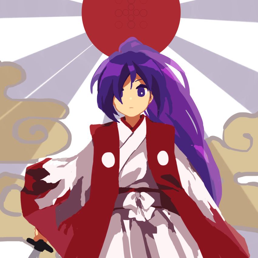 1girl closed_mouth coat commentary_request cowboy_shot flat_chest hair_over_one_eye hakama highres japanese_clothes kaigen_1025 kimono long_hair looking_at_viewer meira_(touhou) open_clothes open_coat ponytail purple_hair red_coat ribbon sleeveless solo touhou touhou_(pc-98) violet_eyes white_hakama white_kimono white_ribbon