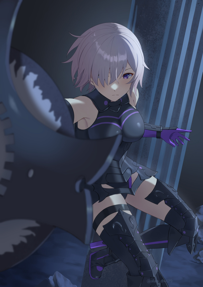 1girl absurdres armor armored_boots armored_leotard bare_shoulders black_armor black_footwear boots breastplate closed_mouth commentary dscreation_(alan_dwi29) english_commentary fate/grand_order fate_(series) gauntlets hair_over_one_eye highres holding holding_shield leotard looking_at_viewer mash_kyrielight one_eye_covered purple_hair shield short_hair solo twitter_username violet_eyes