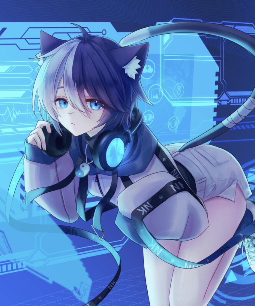 1boy animal_ears bandaid bandaid_on_face bandaid_on_nose black_hair blue_eyes cat_boy cat_ears cat_tail commission headphones headphones_around_neck highres indie_virtual_youtuber jewelry male_focus multicolored_hair necklace rugetsu_pepo skeb_commission solo split-color_hair tail virtual_youtuber wao_(waowaoland) white_hair yin_yang