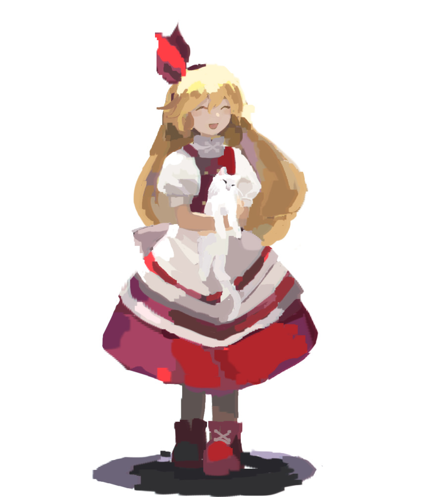 1girl animal blonde_hair cat closed_eyes commentary_request ellen_(touhou) flat_chest full_body hair_ribbon highres holding holding_animal holding_cat kaigen_1025 long_hair open_mouth puffy_short_sleeves puffy_sleeves red_footwear red_ribbon red_skirt red_vest ribbon shirt short_sleeves skirt smile sokrates_(touhou) solo touhou touhou_(pc-98) vest white_cat white_shirt