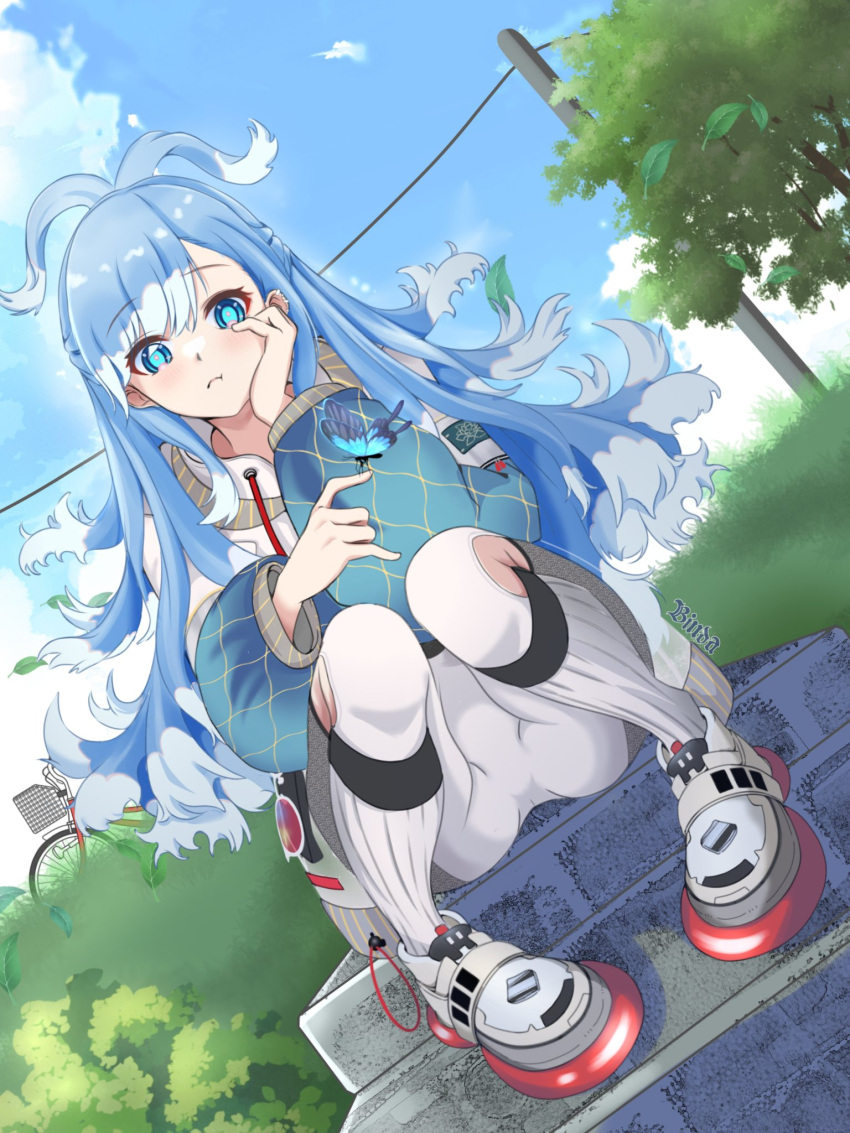 1girl artist_request bicycle bicycle_basket blue_eyes blue_hair bug butterfly clouds highres hololive hololive_indonesia kobo_kanaeru sitting sitting_on_stairs stairs tree virtual_youtuber
