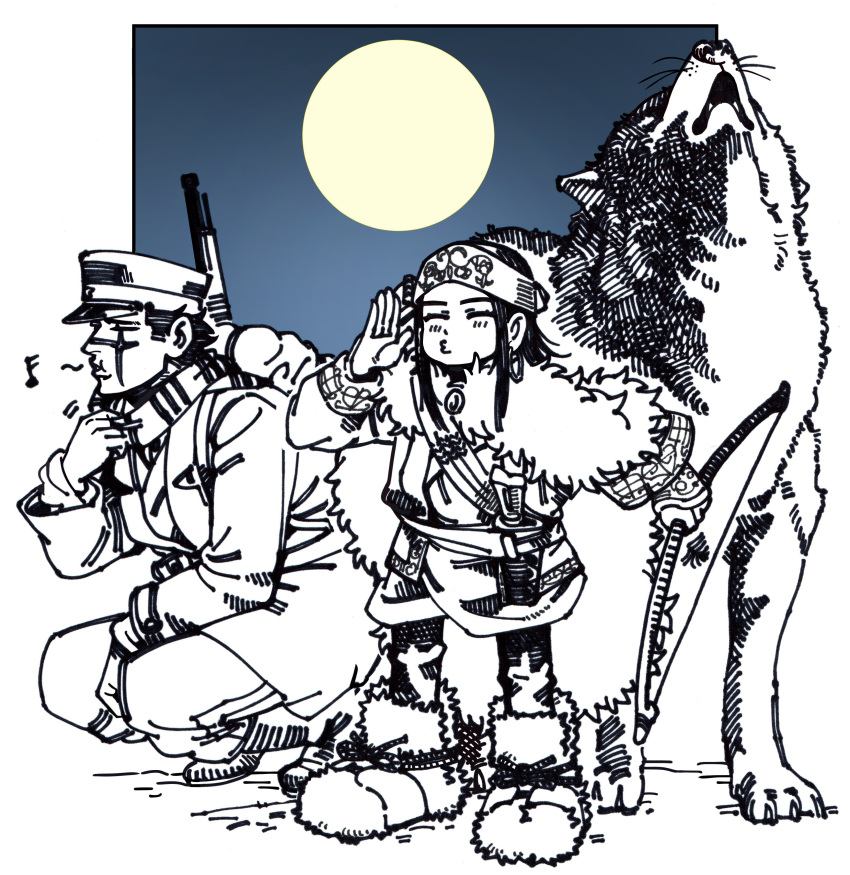 1boy 1girl absurdres ainu_clothes armor asirpa backpack bag blush boots bow_(weapon) cape closed_eyes commentary crosshatching full_moon fur_boots fur_cape golden_kamuy greyscale_with_colored_background gun gun_on_back hand_to_own_mouth hat hatching_(texture) headband highres holding holding_bow_(weapon) holding_weapon howling jacket japanese_armor japanese_clothes kepi kimono knee_boots kneeling knife kote long_hair long_sleeves military_hat moon mushroom_(osh320) musical_note narrowed_eyes outside_border pants retar rifle scarf scarf_pull sheath sheathed short_hair short_kimono standing striped striped_scarf sugimoto_saichi symbol-only_commentary weapon weapon_on_back whistling wolf