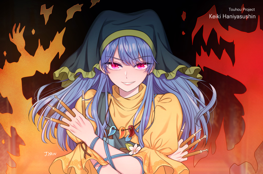 1girl blue_hair character_name commentary copyright_name dress english_commentary fire flower green_headwear grin haniyasushin_keiki head_scarf highres holding_tool jewelry jyan_(jyan0209) long_hair looking_at_viewer magatama magatama_necklace necklace pink_eyes short_sleeves smile solo tools touhou yellow_dress