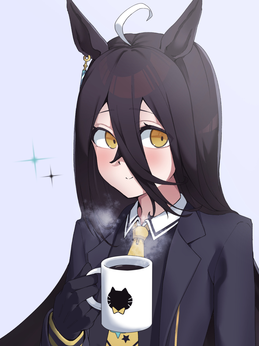 1girl a4_(a4_eishi) absurdres ahoge animal_ears black_coat black_gloves black_hair black_shirt blush closed_mouth coat coffee collared_shirt cup diffraction_spikes earrings gloves hand_up highres holding holding_cup horse_ears jewelry long_hair long_sleeves looking_at_viewer manhattan_cafe_(umamusume) multicolored_hair necktie raised_eyebrows shirt single_earring smi solo steam streaked_hair teeth umamusume upper_teeth_only yellow_eyes yellow_necktie