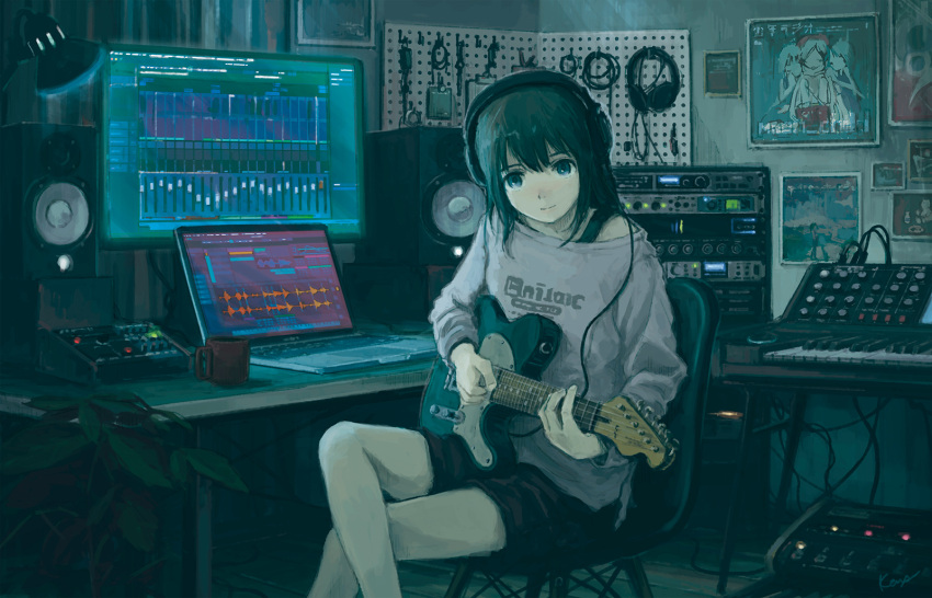 1girl black_hair commentary_request computer desk electric_guitar graphic_equalizer guitar headphones highres indoors instrument kensight328 keyboard_(instrument) lamp laptop looking_at_viewer original plant potted_plant revision short_shorts shorts sitting smile solo speaker