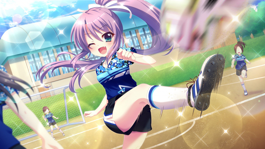 4girls ;d ball black_shorts blue_eyes blue_shirt blue_sky breasts brown_hair building cleats clouds day dot_nose dutch_angle faceless faceless_female fang film_grain fist_pump game_cg goal goalkeeper high_ponytail izumi_tsubasu kicking lens_flare long_hair motion_blur multiple_girls non-circular_lens_flare non-web_source official_art one_eye_closed outdoors playing_sports purple_hair re:stage! ribbon running shirt shoes shorts sky small_breasts smile soccer_ball soccer_field soccer_uniform socks solo_focus sparkle speed_lines sportswear sunlight tree tsukisaka_sayu white_footwear white_ribbon white_socks