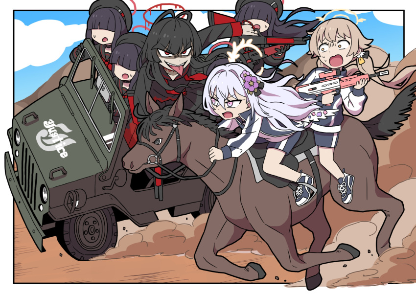 6+girls :d :o :p angel_wings antenna_hair assault_rifle azusa_(blue_archive) black_choker black_hair black_serafuku black_shorts black_skirt blue_archive blue_sky blunt_bangs brown_hair bullpup choker clone clouds cloudy_sky commentary_request driving feathered_wings flower gun gym_shirt gym_shorts gym_uniform hair_between_eyes hair_flower hair_ornament halo hat hifumi_(blue_archive) highres holding holding_gun holding_weapon horse horseback_riding jacket jeep justice_task_force_member_(blue_archive) l85 long_hair long_sleeves looking_at_another motor_vehicle multiple_girls nervous_sweating official_alternate_costume outdoors pleated_skirt red_choker red_eyes riding rifle school_hat school_uniform serafuku shirt short_shorts shorts sidelocks skirt sky smile sweat sweatdrop tongue tongue_out track_jacket tsurugi_(blue_archive) v-shaped_eyebrows violet_eyes washin weapon white_hair white_shirt white_wings wings yellow_eyes