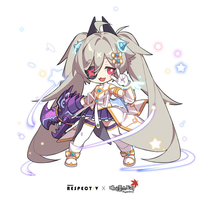 1girl absurdres ahoge chibi djmax eyepatch fail_(djmax) gloves grey_hair hair_ornament highres long_hair mamo_c maplestory non-web_source open_mouth red_eyes skirt smile solo star_(symbol) twintails
