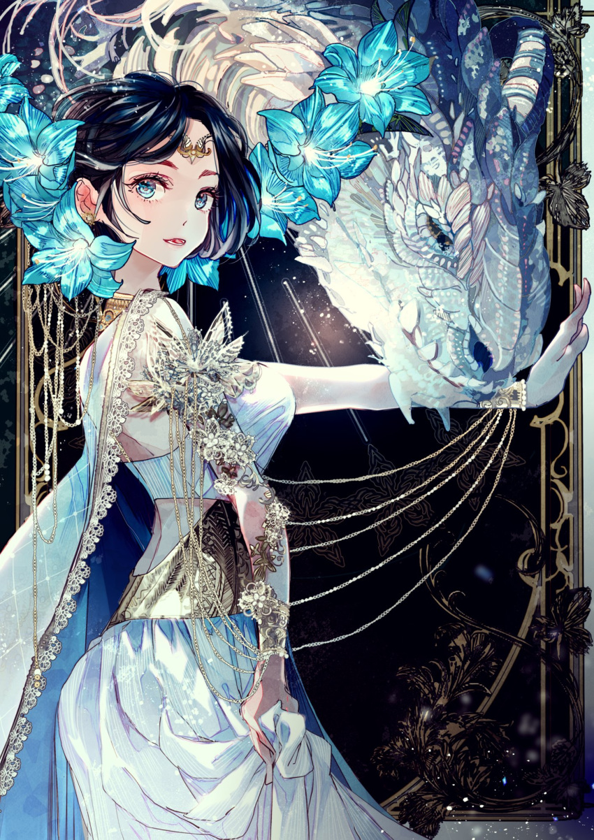 1girl :d armlet back_cutout black_hair blue_cape blue_flower bracer butterfly_ornament cape chain circlet clothing_cutout cowboy_shot dragon dress earrings flower flower_ornament from_side hair_flower hair_ornament highres jewelry lace-trimmed_cape lace_trim looking_at_viewer looking_to_the_side mamakirasnc necklace original outstretched_arms parted_bangs picture_frame short_hair skirt_hold smile solo standing strapless strapless_dress two-sided_cape two-sided_fabric white_cape white_dress