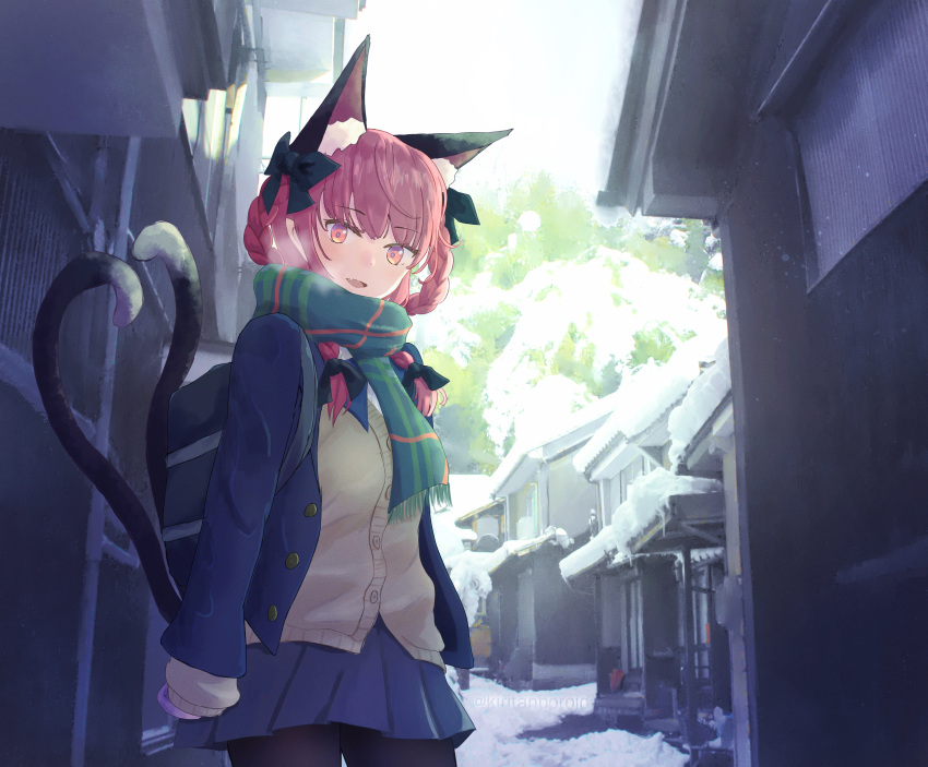 1girl absurdres animal_ears black_pantyhose blue_jacket blue_skirt cat_ears cat_girl cat_tail commentary_request contemporary green_scarf highres jacket kaenbyou_rin kiritanpo117 looking_at_viewer multiple_tails pantyhose red_eyes redhead scarf school_uniform shirt skirt snow solo subterranean_animism tail touhou yellow_shirt