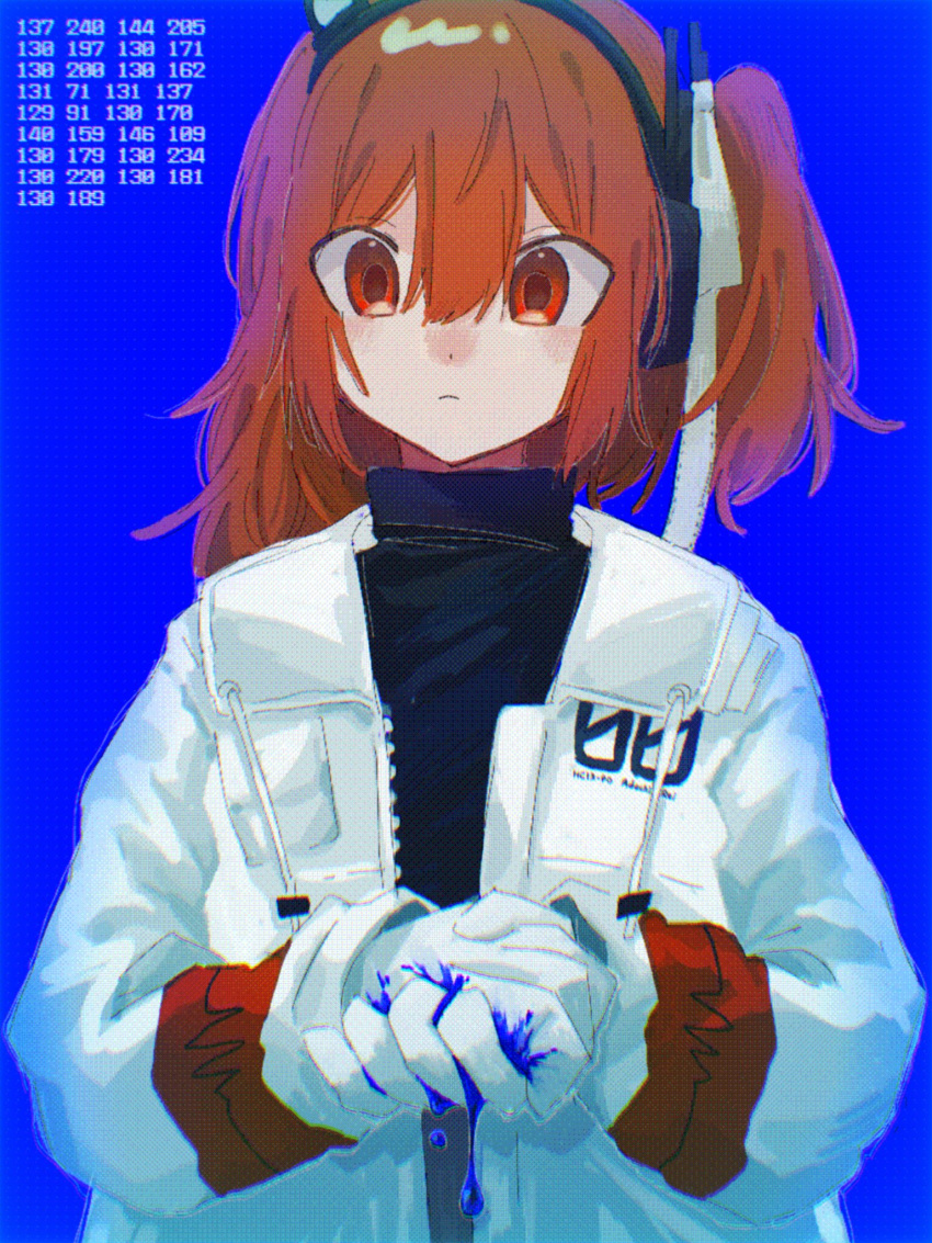 1girl a.i._voice adachi_rei black_jacket black_shirt blue_background blue_liquid blush_stickers character_name closed_mouth commentary dithering dripping expressionless fumujima hair_between_eyes hair_ribbon headlamp headphones highres jacket light_frown long_hair long_sleeves looking_at_viewer one_side_up open_clothes open_jacket orange_hair own_hands_clasped own_hands_together print_jacket radio_antenna red_eyes ribbon shirt simple_background solo text_print translation_request turtleneck upper_body utau white_jacket white_ribbon