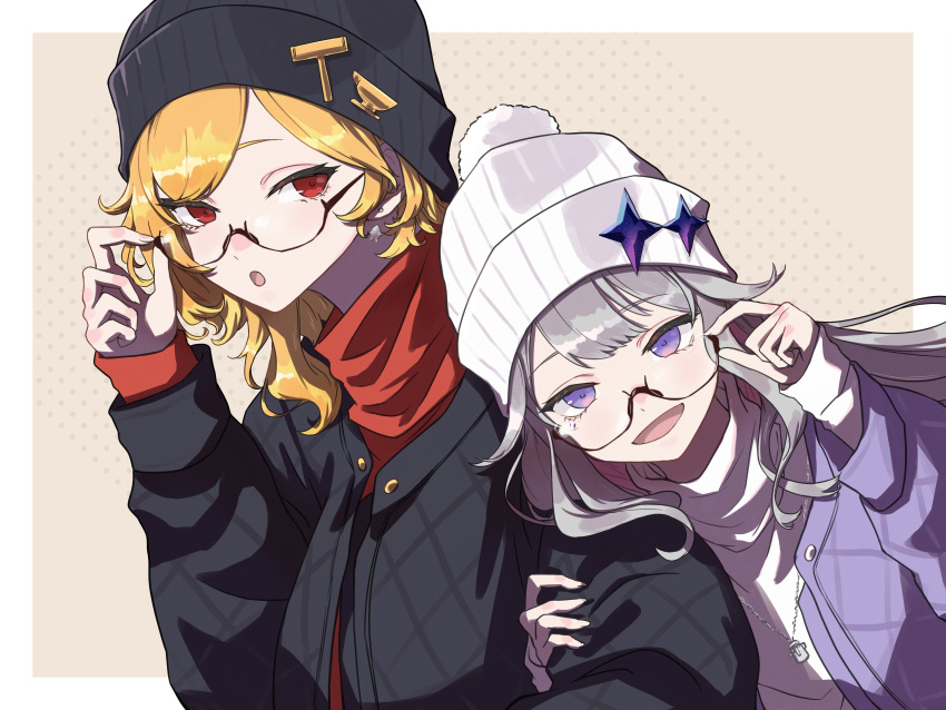 2girls absurdres alternate_costume black_headwear blonde_hair futomoy hand_on_another's_arm highres hololive hololive_english hololive_indonesia kaela_kovalskia koseki_bijou looking_at_viewer multiple_girls red_eyes violet_eyes white_hair white_headwear