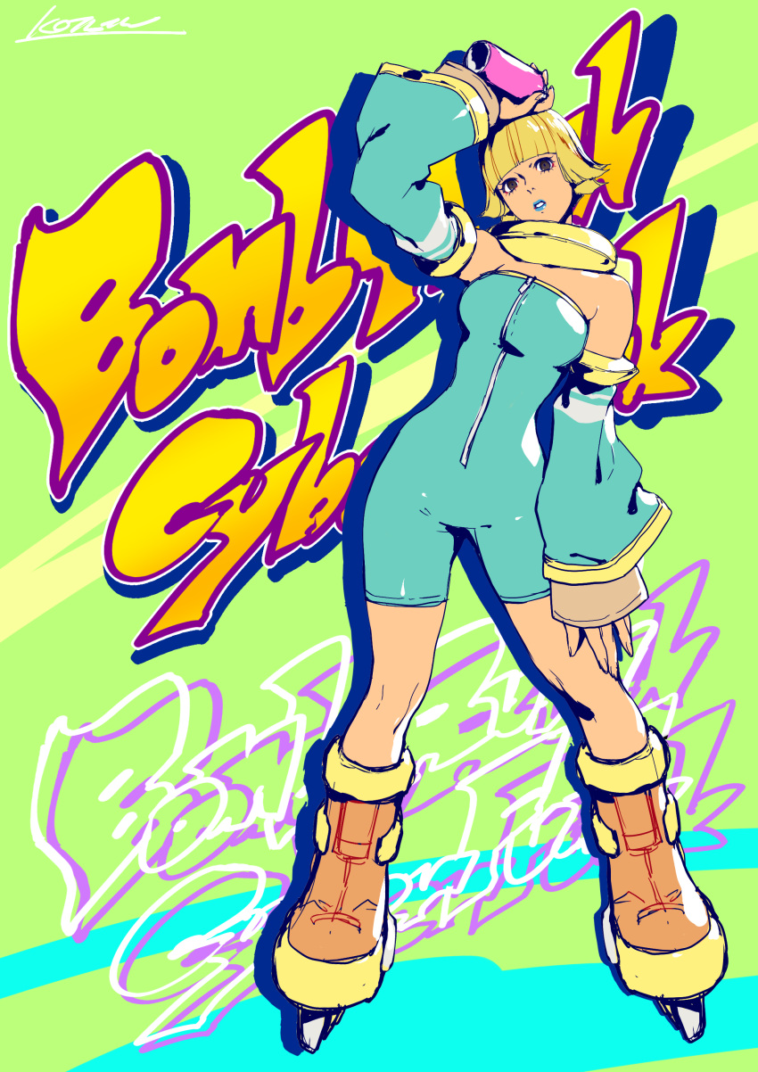 1girl absurdres bel_(bomb_rush_cyberfunk) black_eyes blonde_hair blue_lips bob_cut bomb_rush_cyberfunk breasts commentary_request contrapposto copyright_name detached_sleeves full_body highres holding inline_skates jewelry kotatsu_(g-rough) large_breasts leotard neck_ring roller_skates signature skates sleeves_past_wrists solo spray_can strapless strapless_leotard zipper