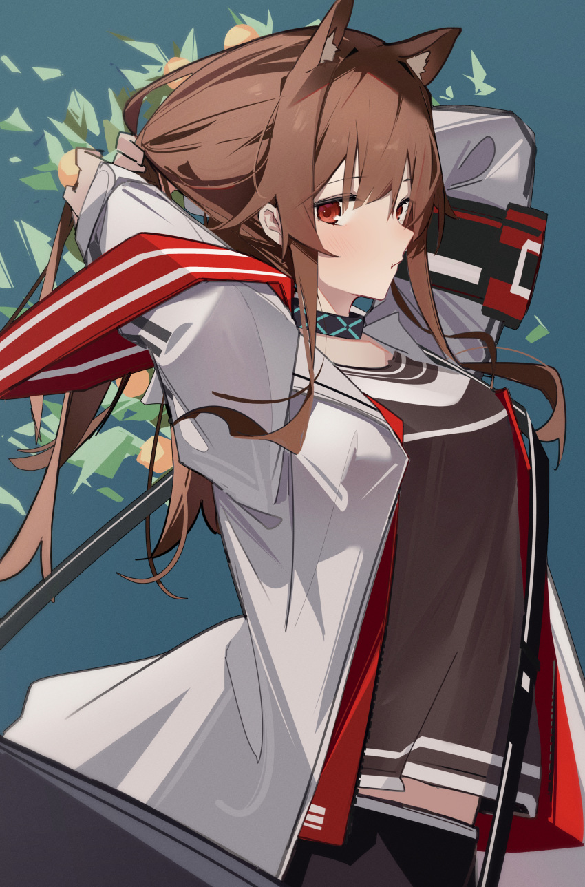 1girl :t absurdres angelina_(arknights) animal_ears arknights arms_behind_head arms_up black_shirt brown_hair chichi_guai closed_mouth commentary_request fox_ears fox_girl highres infection_monitor_(arknights) jacket long_hair long_sleeves looking_at_viewer open_clothes open_jacket red_eyes shirt sideways_glance solo tying_hair unworn_hairband upper_body white_jacket