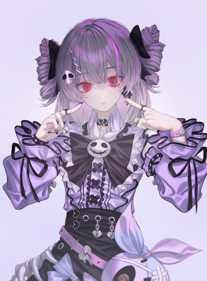 1girl black_bow black_nails black_skirt bow center_frills character_request closed_mouth commentary_request drill_hair frills gradient_background grey_hair hair_between_eyes hair_bow hair_ornament hands_up highres honkai_(series) honkai_impact_3rd jewelry long_sleeves nail_polish neon_(pixiv_31150749) puffy_long_sleeves puffy_sleeves purple_background purple_shirt red_eyes ring shirt skirt skull_hair_ornament solo twin_drills