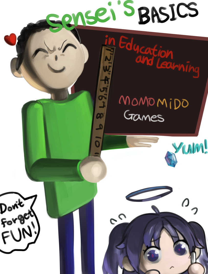 1boy 1girl :&lt; ahoge arona's_sensei_doodle_(blue_archive) baldi baldi's_basics baldi_(cosplay) black_hair blue_archive blue_pants chalkboard closed_eyes closed_mouth commentary_request cosplay crystal dokomon english_text flying_sweatdrops green_shirt halo heart highres holding korean_commentary pants parted_bangs purple_hair ruler sensei_(blue_archive) shirt simple_background violet_eyes white_background yuuka_(blue_archive)