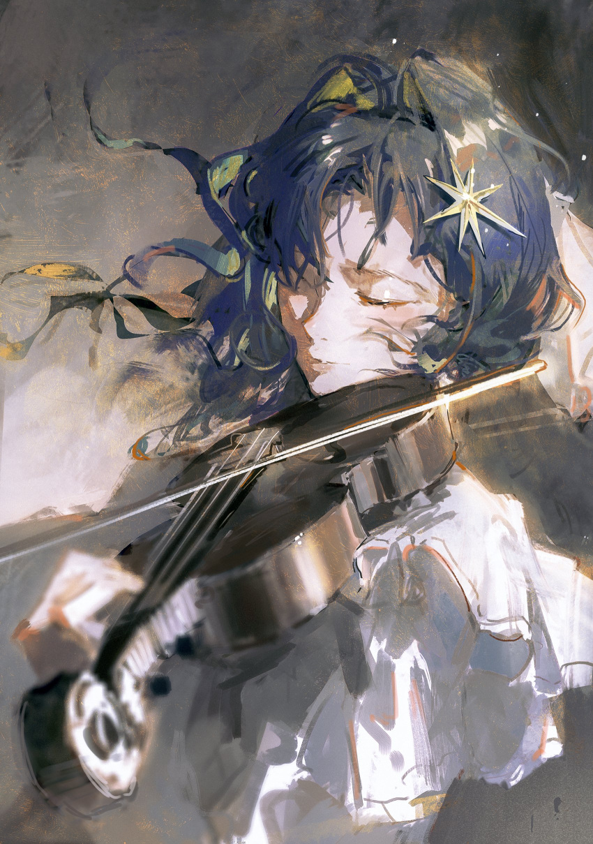 absurdres blue_hair colored_inner_hair dino_(dinoartforame) dress hair_ornament highres holding holding_instrument holding_violin instrument long_hair multicolored_hair music pale_skin playing_instrument reverse:1999 star_(symbol) star_hair_ornament violin voyager_(reverse:1999) white_dress